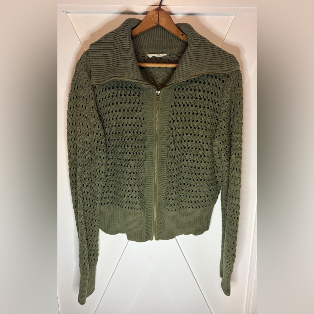 Doe and Rae Cherished Moment Open Knit Zip Up Cardigan Olive Size Large - Picture 4 of 9